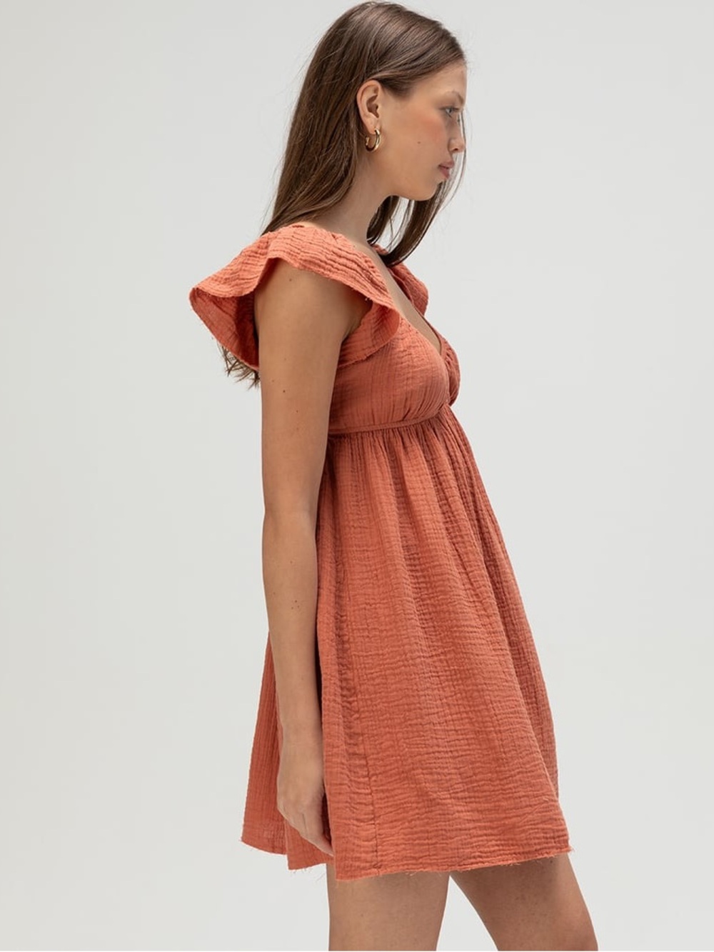 NEW Roxy Luna Mini Gauze Empire Waist Flutter Sleeve Dress Sz M in Terracotta